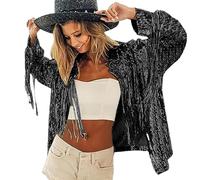 Generisch 2026 Giacca da donna alla moda con frange paillettes in discoteca e stile country per le tendenze della sposa come abbigliamento casual casual (nero, taglia unica)