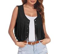 Generisch 2026 - Gilet con frange da donna, in finta pelle scamosciata, apertura frontale, senza maniche anni '70, hippie abbigliamento boho western cappotto broccato da donna, Nero , XL