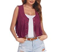Generisch 2026 - Gilet con frange da donna, in finta pelle scamosciata, apertura frontale, senza maniche anni '70, hippie abbigliamento boho western cappotto broccato da donna, Lilla, L