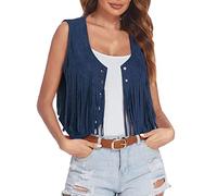 Generisch 2026 - Gilet con frange da donna, in finta pelle scamosciata, apertura frontale, senza maniche anni '70, hippie abbigliamento boho western, stampa cappotto da donna, Blu, XXL