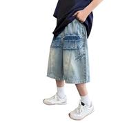 Generisch 2026 Pantaloncini in jeans per bambini per ragazzi, per esterni, con struttura a pieghe, elastico in vita, comodi da indossare tutti i giorni, da 4 a anni, con scarpe da ginnastica, Blu, 7-8