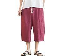 Generisch 2026 - Pantaloni Capri da uomo in cotone e lino, con coulisse, pantaloni da spiaggia con pantaloni interni per uomo, Rosso anguria., L