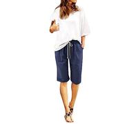 Generisch 2026 Pantaloni estivi da donna in cotone e lino taglie forti, pantaloncini a vita alta, lacci, spiaggia, allenamento, tasca, pantaloni a cinque punti 2 in 1 pantaloncini da donna running