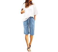Generisch 2026 Pantaloni estivi da donna in cotone e lino taglie forti, pantaloncini a vita alta, lacci, spiaggia, allenamento, tasca, pantaloni a cinque punti 2 in 1 pantaloncini da donna running