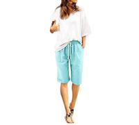 Generisch 2026 Pantaloni estivi da donna in cotone e lino taglie forti, pantaloncini a vita alta, lacci, spiaggia, allenamento, tasca, pantaloni a cinque punti 2 in 1 pantaloncini da donna running