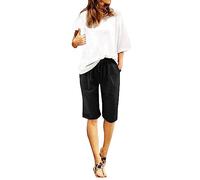 Generisch 2026 Pantaloni estivi da donna in cotone e lino taglie forti, pantaloncini a vita alta, lacci, spiaggia, allenamento, tasca, pantaloni a cinque punti 2 in 1 pantaloncini da donna running
