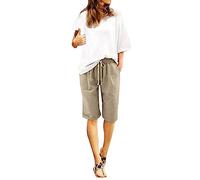 Generisch 2026 Pantaloni estivi da donna in cotone e lino taglie forti, pantaloncini a vita alta, lacci, spiaggia, allenamento, tasca, pantaloni a cinque punti 2 in 1 pantaloncini da donna running