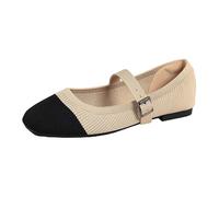 Generisch 2026 Sandali piatti Mary-Jane con pizzo quadrato e maglia - da infilare, ballerine leggere e comode per tutti i giorni e gli appuntamenti, scarpe morbide per attività all'aria aperta, beige