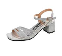 Generisch 2026 Sandali romani alla moda con tacco basso e fondo piatto e punta quadrata, argento, 38 EU Larga