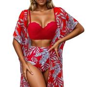 Generisch 2026, set bikini da donna con motivo floreale e isola tropicale, costume da bagno dimagrante, costume da bagno a tre pezzi, Colore: rosso, 3XL