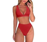 Generisch 2026 - Set bikini perizoma da donna a vita alta, top a triangolo brasiliano, scollo a V profondo, costume da bagno in due pezzi, costumi da bagno termici uomo manica corta, Colore: rosso, L