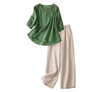 Generisch 2026 - Set da donna in stile etnico, maglietta a tunica a maniche corte con gambe larghe, abbigliamento casual bohémien, comodo lino in due pezzi per la vita quotidiana, verde, XL=3
