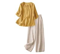 Generisch 2026 - Set da donna in stile etnico, maglietta a tunica a maniche corte con gambe larghe, abbigliamento casual bohémien, comodo lino in due pezzi per la vita quotidiana, giallo., M=2