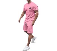 Generisch 2026 Set di abbigliamento sportivo estivo con stampa europea in noce di cocco da uomo, casual, girocollo, manica corta, pantaloncini sportivi con tasca, tuta cresima, Colore: rosa., L6