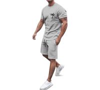 Generisch 2026 Set di abbigliamento sportivo estivo con stampa europea in noce di cocco da uomo, casual, girocollo, manica corta, pantaloncini sportivi con tasca, tuta cresima, grigio chiaro., L