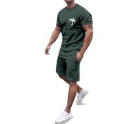 Generisch 2026 Set di abbigliamento sportivo estivo con stampa europea in noce di cocco da uomo, casual, girocollo, manica corta, pantaloncini sportivi con tasca, tuta cresima, Verde scuro, L6
