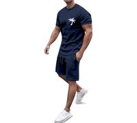 Generisch 2026 Set di abbigliamento sportivo estivo con stampa europea in noce di cocco da uomo, casual, girocollo, manica corta, pantaloncini sportivi con tasca, tuta cresima, Blu marino, M