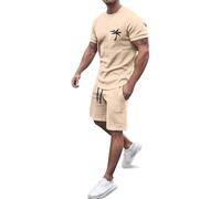 Generisch 2026 Set di abbigliamento sportivo estivo con stampa europea in noce di cocco da uomo, casual, girocollo, manica corta, pantaloncini sportivi con tasca, tuta cresima, cachi, L6