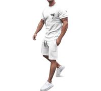 Generisch 2026 Set di abbigliamento sportivo estivo con stampa europea in noce di cocco da uomo, casual, girocollo, manica corta, pantaloncini sportivi con tasca, tuta cresima, bianco, L