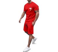 Generisch 2026 Set di abbigliamento sportivo estivo con stampa europea in noce di cocco da uomo, casual, girocollo, manica corta, pantaloncini sportivi con tasca, tuta cresima, Colore: rosso, L6