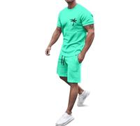 Generisch 2026 Set di abbigliamento sportivo estivo con stampa europea in noce di cocco da uomo, casual, girocollo, manica corta, pantaloncini sportivi con tasca, tuta cresima, Verde menta, 4