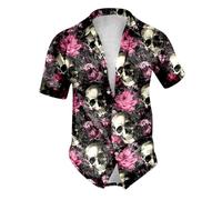 Generisch 2026 - Stampa maschile tema Halloween Casual Girocollo Sangue Grafica taglie forti Camicia corta risvolto stampato camicia monopetto a maniche lunghe camicia nera uomo, Colore: rosa., L