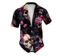 Generisch 2026 - Stampa maschile tema Halloween Casual Girocollo Sangue Grafica taglie forti Camicia corta risvolto stampato camicia monopetto a maniche lunghe camicia nera uomo, rosa intenso, L