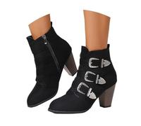 Generisch 2026 Stivaletti alla moda con tacco grosso Punta a punta, chiusura lampo laterale, dettaglio con cinturino con fibbia per un comfort elegante, Nero , 42 EU