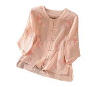 Generisch 2026 temperamento femminile, top ricamato, maniche medie, camicia di lino con bottone a disco, Colore: rosa., XL