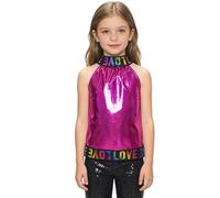 Generisch 2026 - Top Performance da ragazza, a maniche lunghe, con paillettes, asimmetrico, senza spalline, con strass, rosa intenso, 9-10 Anni