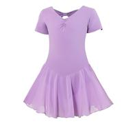 Generisch 2026 Vestito da balletto da bambina a maniche corte, abito da ballo con gonna in chiffon, tutù ragazza 86, Lilla, 10-12 Anni