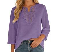 Generisch 2027 Camicetta casual con bordo in pizzo, taglio largo, tinta unita, maniche a tre quarti, per comfort e stile nella vita di tutti i giorni., Lilla, L