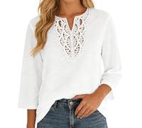 Generisch 2027 Camicetta casual con bordo in pizzo, taglio largo, tinta unita, maniche a tre quarti, per comfort e stile nella vita di tutti i giorni., bianco, L