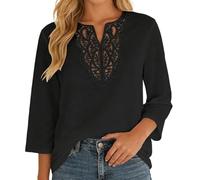 Generisch 2027 Camicetta casual con bordo in pizzo, taglio largo, tinta unita, maniche a tre quarti, per comfort e stile nella vita di tutti i giorni., Nero , M