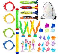 Generisch 35 giocattoli da nuoto per immersioni subacquee, sirene, bastoncini da immersione, anelli per immersioni, erba marina, banditi siluro con borsa per il trasporto per bambini