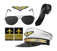 Generisch 5 pezzi Airline Pilot Capitan Cappello - Set di per costume - Costume da pilota - con cappello capitano - occhiali da sole - bendaggio guanti cosplay - vestito per adulti e