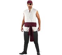 Generisch 6 pezzi di abbigliamento medievale rinascimentale in lino due pezzi per Halloween, cosplay, feste con pirata senza maniche, camicie, lacci, orecchini, bandana per gli occhi