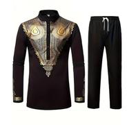 Generisch Abbigliamento africano da uomo, set da 2 pezzi, camicia e pantaloni a maniche lunghe, Dashiki con stampa dorata, costume tradizionale islamico arabo costume pantaloni tuta per affari