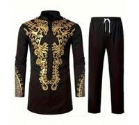 Generisch Abbigliamento africano da uomo, set da 2 pezzi, camicia e pantaloni a maniche lunghe, Dashiki con stampa dorata, costume tradizionale islamico arabo costume pantaloni tuta per affari