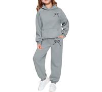 Generisch Abbigliamento casual con cappuccio e pantaloni con stampa di lettere per ragazze, alla moda, due pezzi, comodo, abbigliamento da salotto per tutti i giorni, per bambini e adolescenti, grigio
