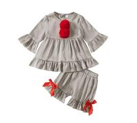 Generisch Abbigliamento estivo per bambine: set di due pezzi con parte superiore a volant floreale e pantaloncini con fiocco, top per bambini., grigio., 18-24 Monate
