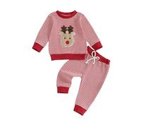 Generisch Abbigliamento invernale per bambini, in due pezzi, con ricamo a cervo, a righe, ideale per tutti i giorni, giochi all'aperto, da 0 a 3 anni, tessuto morbido e morbido, Colore: rosso, 0-6