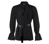 Generisch Abbigliamento medievale da uomo, a maniche lunghe, con volant, da pirata, per il tempo libero, classico, da pirati, da vampiro, con volant, Nero , S