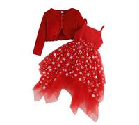 Generisch Abiti bianchi per ragazze, elegante top con maniche e spalline stampate, set da due pezzi alla moda, per ragazze, feste e feste, Colore: rosso, 3-4 Jahre