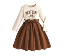 Generisch Abiti da ragazza Eleganti Casual Maniche Lunghe Stampa Lettere Girocollo Con Cintura Primavera Inverno Vestito Moda Elegante, caffè, 4-5 Anni