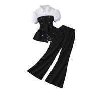 Generisch Abiti e set da ragazza, 2 pezzi, per bambini e top elegante, con colletto a risvolto e pantaloni a gamba larga, set casual, Nero , 9-10 Jahre