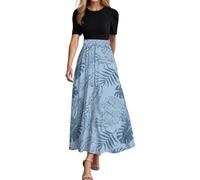 Generisch Abiti floreali lunghi da donna Elegante abito maxi patchwork bohémien con cintura Vita impero Stile estivo a maniche corte 2025, Azzurro, M