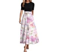 Generisch Abiti floreali lunghi da donna Elegante abito maxi patchwork bohémien con cintura Vita impero Stile estivo a maniche corte 2025, Colore: rosa., M