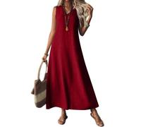 Generisch Abiti in lino da donna 2025, maxi abito senza maniche con scollo a V, casual, lungo, fluente, rosso vivo, L