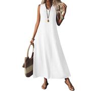 Generisch Abiti in Lino per Donna 2025, Scollo a V, Abito Lungo Senza Maniche, Stile Casual, Semplice, Lungo, Abito Estivo Fluido per Spiaggia e Vacanza, bianco, M
